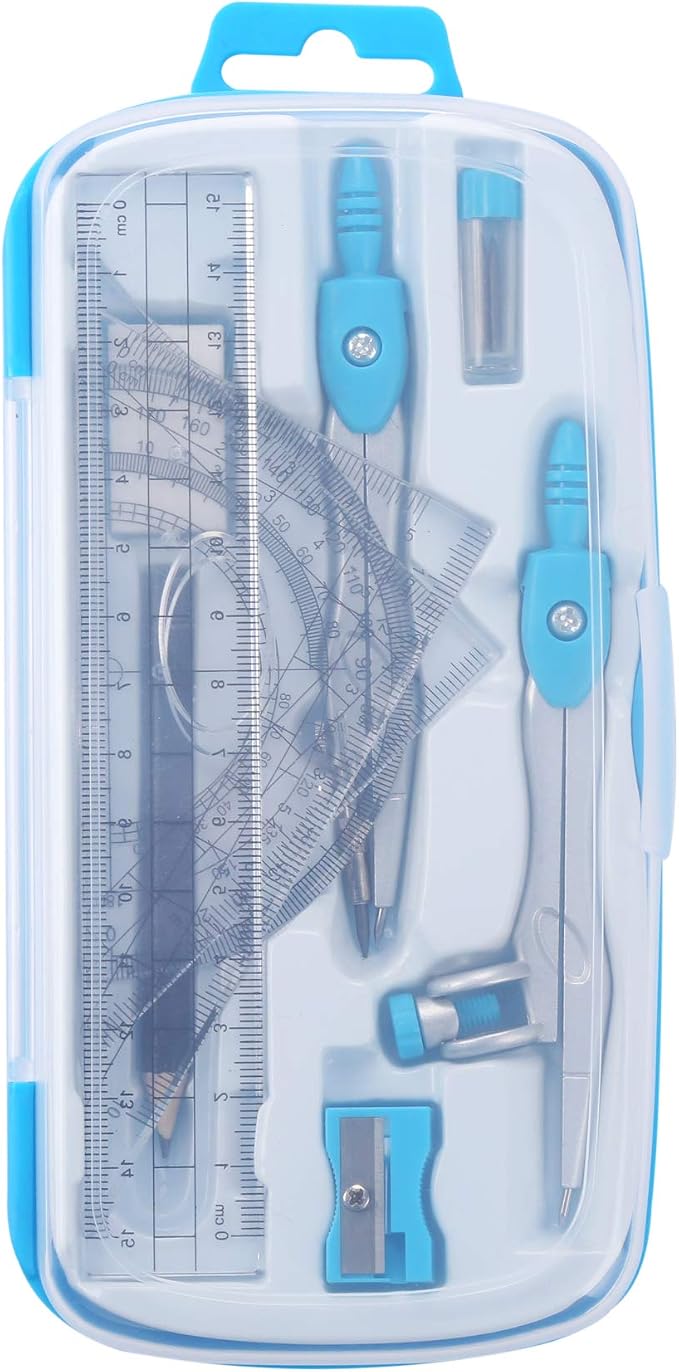 Unjoo Math Geometry Set 10 Pcs, Compass and Protractor for Students(Blue) | Shatterproof Storage Box,Rulers,Protractor,Compass,Eraser,Pencil Sharpener,Lead Refills,Pencil,for Classroom, Back to School