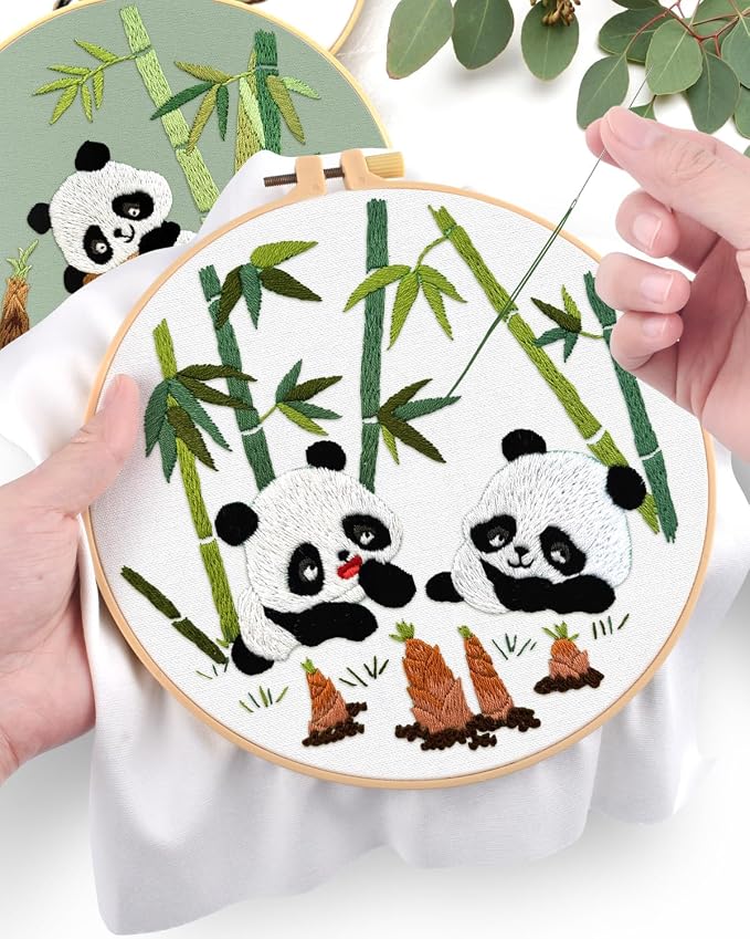ERKOON 4 Sets Embroidery Kit for Beginners, Animal Cross Stitch Set for Adult Include Embroidery Cloth Hoops Threads for Craft Lover Hand Stitch (Panda)