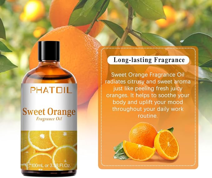 PHATOIL Sweet Orange Fragrance Oil for Diffuser Aromatherapy 3.38FL.OZ | Long Lasting Scented Oils For Humidifier, Air Freshener, DIY Soap Candle, Scent Project Making, Aroma Oil for Home Freshening