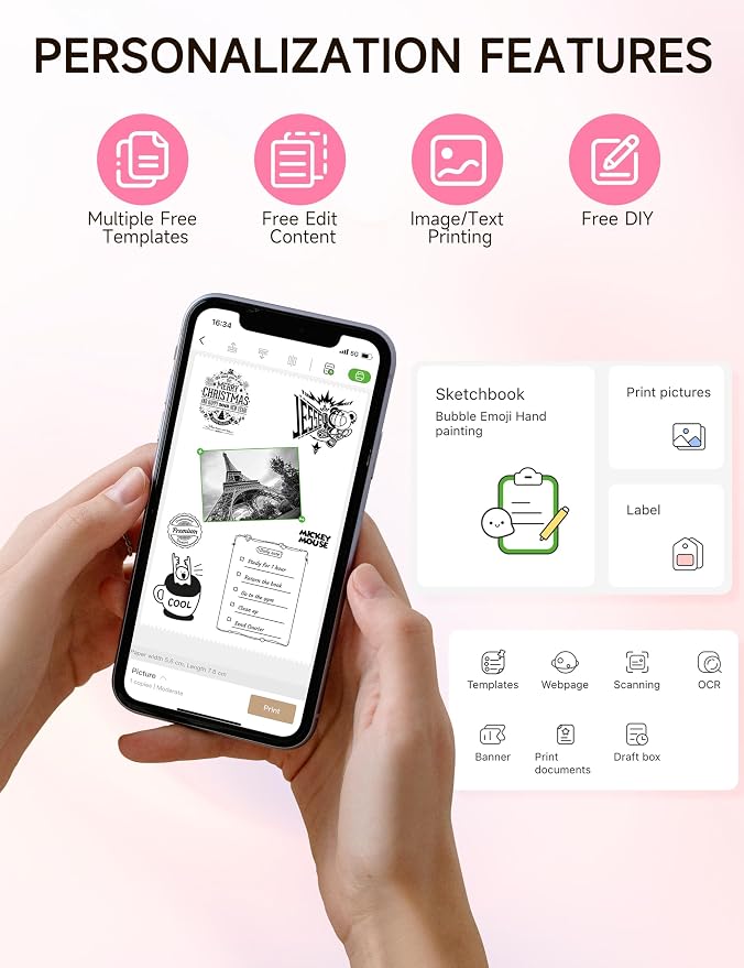 iDPRT Sticker Printer, Portable Sticker Maker Machine, Mini Inkless Bluetooth Thermal Printer for iPhone & Android, Pocket Printer for Labels, Barcodes, DIY Journaling, Kids Gift, Pink