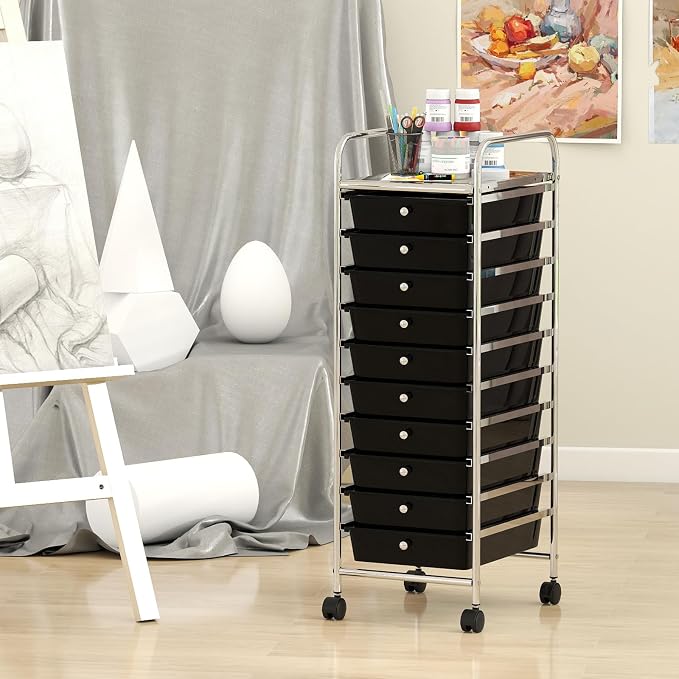 Giantex Rolling Storage Cart with 10 Drawers, Utility Cart with Tabletop, Drawer Organizer with Wheels for Craft Art Paper Tool, Mobile Organization & Sorting for Office Home School School Supplies