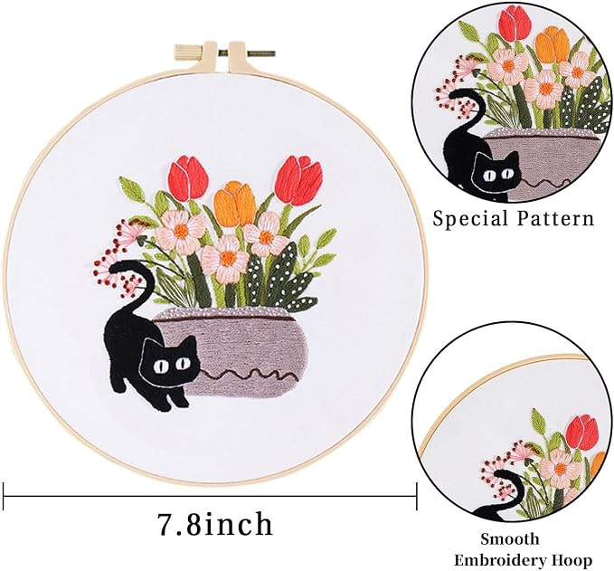 LB Cat Embroidery Kit for Beginners Adults, 3 Sets Hand Embroidery Starter Kit with Cactus Floral Pattern and Instructions Stamped Cross Stitch Kits Include Embroidery Hoop Needles Threads Scissors