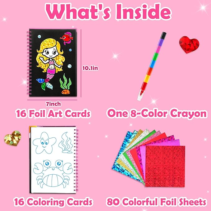 FUNNYB&G Foil Art Craft Kit for Kids, Sparkly Birthday Gift Toy for Girls | No Mess, Kids Ages 4-10 Create Sparkling Artwork, A Creative Gift for Birthdays, Holidays, Travel Activities,Screen-Free Fun