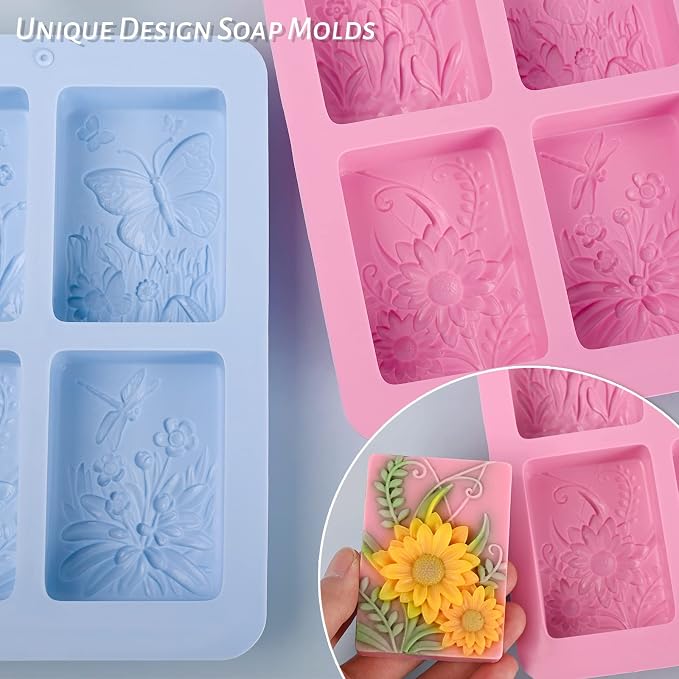 Soap Mold Silicone, 3D Rectangular Insect Flower Silicone Mold | 3D Rectangular Insect Flower Silicone Mold for Handmade Craft Soap Bath Bombs Chocolate Bars DIY Candles Polymer Clay Design