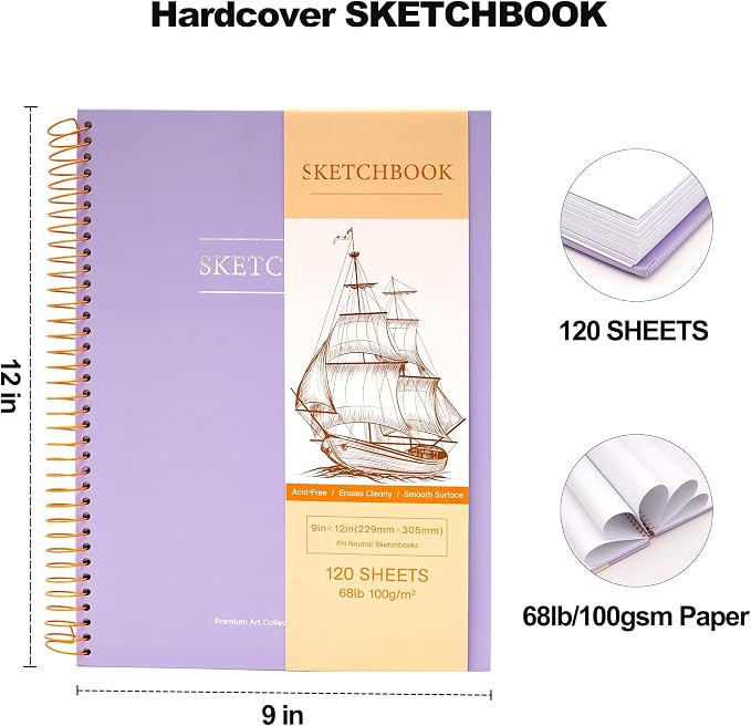 Yoment 9"x12" Hardcover Sketchbook for Drawing，120 Sheets，100GSM | Purple,Spiral Bound Sketch Pad Premium Art Sketchbook Artistic Drawing Paper Pad for Kids Adults Beginners Artists