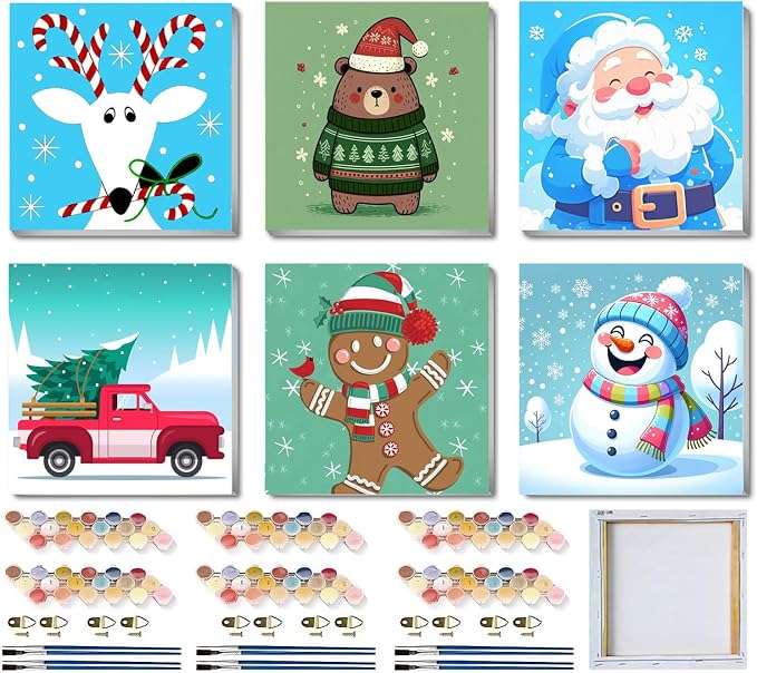 SYDYLH 6 Packs Framed Chrsitmas Paint by Numbers Kit for Kids Ages 8-12,Snowman Easy Acrylic Paint by Number Framed on Canvas,Number Painting Paint by Numbers Kit for Home Wall Decoe 8x8inch