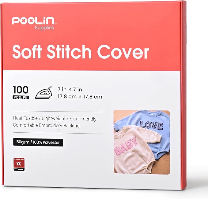 Poolin White Soft Stitch Cover 7" x 7" (100PCS), Heat Fusible Embroidery Backing