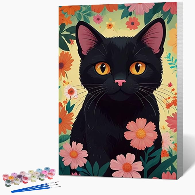 Fountor Framed Paint by Numbers Kit for Adults Beginner 8x12 in, Black Cat