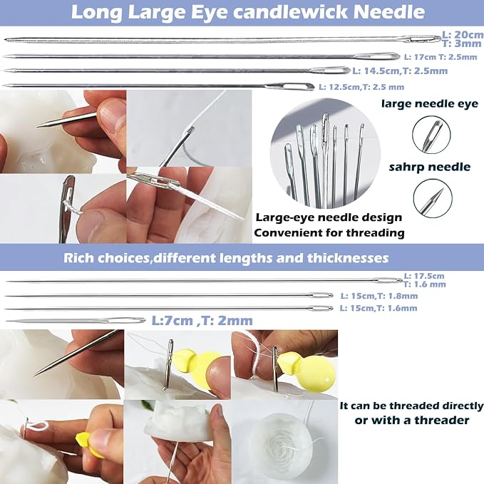 155PCS Adjustable Candle Hole Drill Needle with Candle Wick Roll 200 Ft,Candle Making Kits to Insert Wick in Silicone Molds,Mold Hook & Eye Punch Needle,Big Hole Long Needle,Stickers,Center Holder