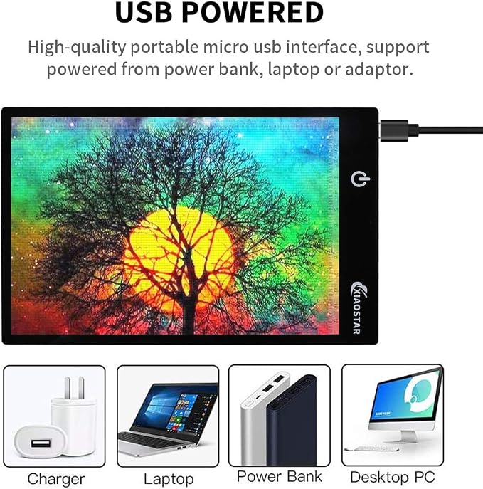 XIAOSTAR Light Box Drawing Pad A5, Tracing Board with Micro USB Cord Charge Cable and Brightness Adjustable for Artists, AnimationDrawing, Sketching, Animation, X-ray Viewing (A5) Not Rechargeable