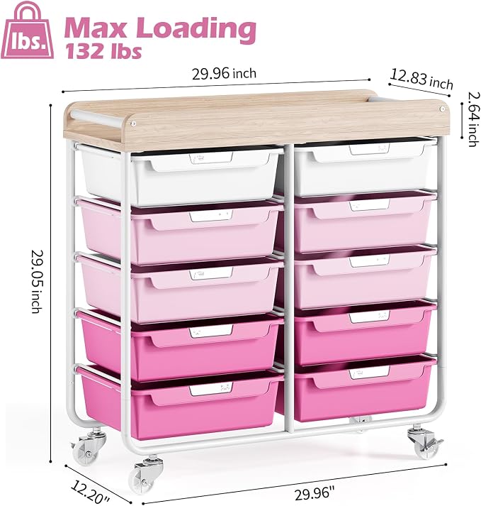 10 Drawers Rolling Cart with Wooden Tabletop, Utility Storage Cart with Wheels, Art Supply Craft Organizer on Wheel with Metal Frame & Handles for Home Office School,Pink | Easy Setup, Large Capacity, Sturdy Build, Lockable Mobility, For office, classr...