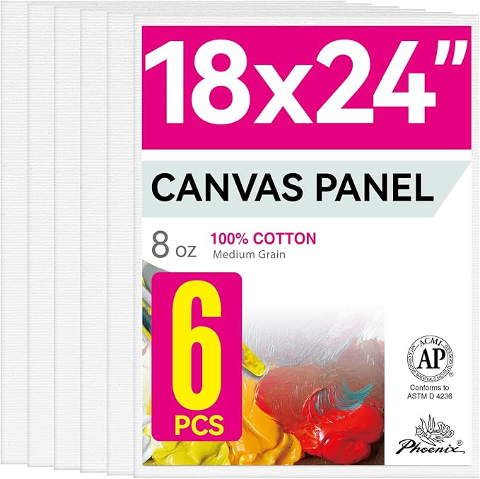 PHOENIX Large Painting Canvas Panels - 18x24 Inch, 6 Value Pack - 8 Oz Triple Primed 100% Cotton Acid Free Canvases for Painting, White Blank Flat Canvas Boards for Acrylic, Oil Paints