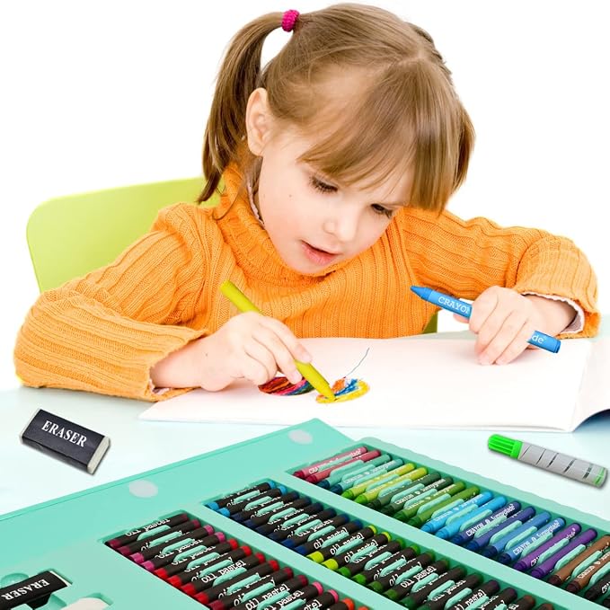 Sunnyglade 185 Pieces Double Sided Trifold Easel Art Set Art Supplies Green | Art Kit Drawing Art Box with Oil Pastels, Crayons, Colored Pencils, Markers, Paint Brush, Watercolor Cakes, Sketch Pad