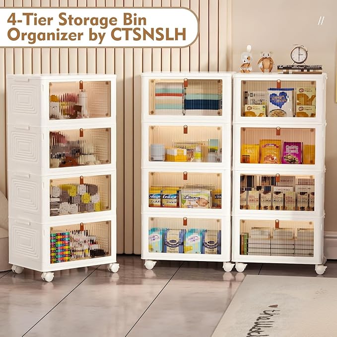 CTSNSLH 4 Tier Plastic Storage Bins with Lid 23QT - Stackable Storage Bins | Organizers and Storage with Wheels, Plastic Storage Cabinet Organization and Storage for Living Room,Office,Dorm