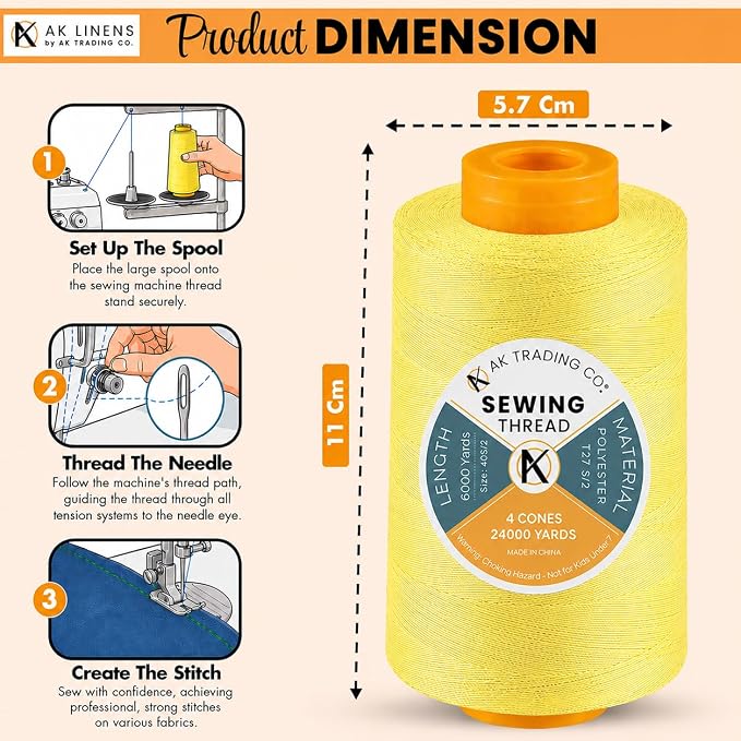 AK TRADING CO. 4-Pack Yellow All Purpose Sewing Thread Cones (6000 Yards Each) of High Tensile Polyester Thread Spools for Sewing, Quilting, Serger Machines, Overlock, Merrow & Hand Embroidery