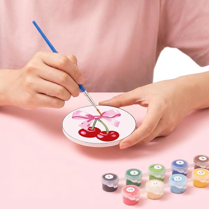 8 Pack Modern Paint by Numbers Kits Coasters with Holder Cork Pads | Pink Bow Paint by Number Kit for Adults Simple Round Oil Painting Coaster for Small DIY Craft Holiday Birthday Gift 3.9x3.9in