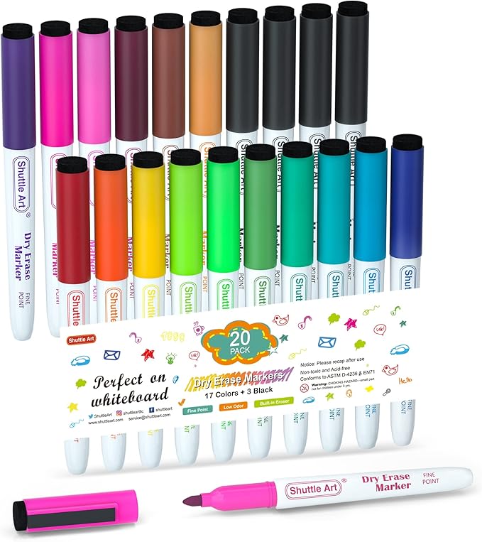 Shuttle Art 20 Pack Dry Erase Markers 17 Colors Plus 3 Black Fine Tip