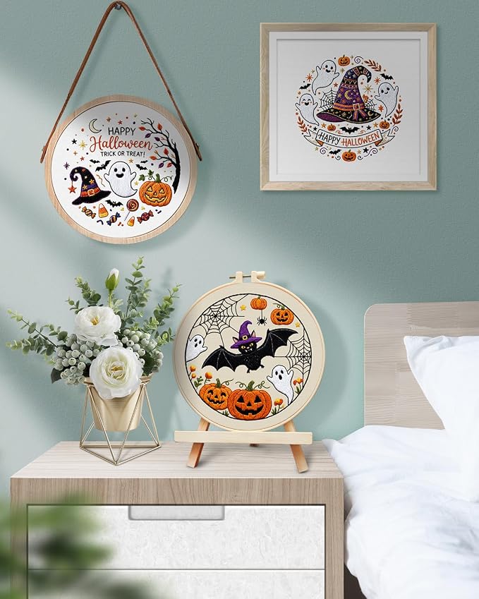 TINDTOP Halloween Embroidery Kit for Adult, 3 Pack Embroidery DIY Starter Kit, with Stamped Patterns, Hoop, Tools, Colorful Threads with Needles, Instructions