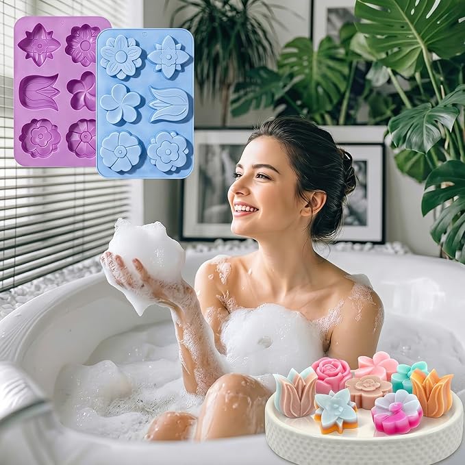 SJ Silicone Molds for Crafts, 2 Pack Tulip and Flower Soap Molds | 6 Cavities with Assorted Blossom Designs, Flexible, Easy-Release for Plaster, Resin, Bath Bombs, Wax and DIY Projects