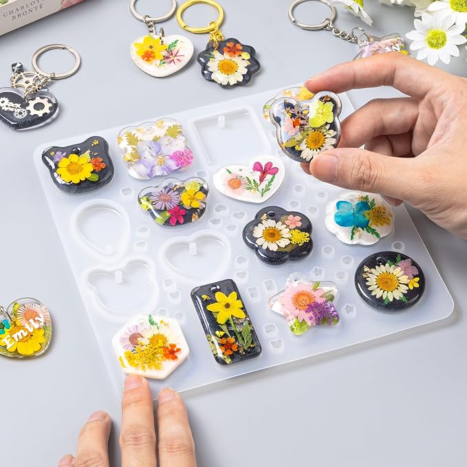 LET'S RESIN Keychain Resin Molds Silicone, 16 Cavity Pendant Casting Mold | Silicone Molds with Hanging Holes, UV & Epoxy Resin Jewelry Mold for DIY Keychains, Charms, Pendants, Beginner Friendly