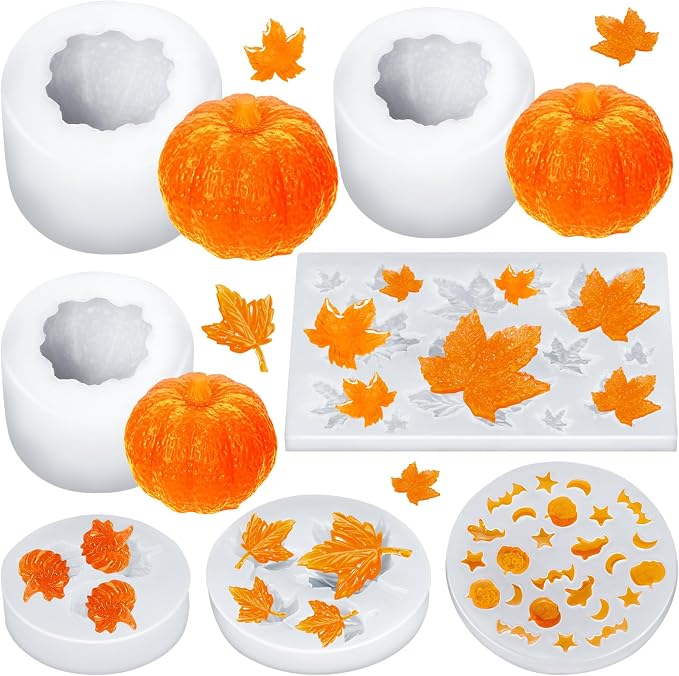 7 Pcs Pumpkin Candle Molds, Halloween Silicone Mold | DIY Craft Making Decoration Supplies, Thanksgiving Maple Molds and Ghost Mold