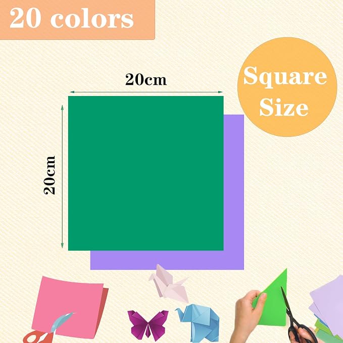 200 Sheets Origami Paper, 20x20 cm/8 Inch Origami Paper Double Sided(70gsm), 20 Colors Large Origami Paper Squares for Kids DIY School Arts Crafts Projects Children Adults