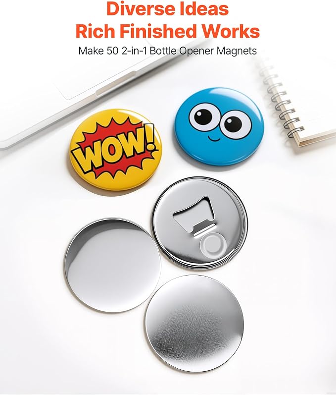 VEVOR Button Maker Supplies 50 Sets 3 in / 75 mm Magnet Button Parts, with Magnetic and Bottle Opener Backs, Metal Shells, Clear Mylar Films, and Blank Circle Papers, for Home DIY, Kitchen Decor