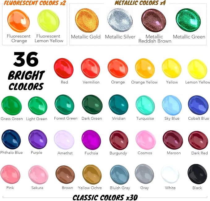 Halobios Acrylic Paint Set 36 Colors, Premium Acrylic Paints for Students & Adults, With Fluorescent Colors & Metallic Colors for Painting, Drawing & Art Supplies, DIY Arts and Crafts