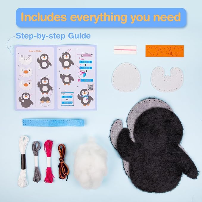 Avenir My First Sewing Kit for Kids 6-8, Penguin Stuffed Animal Craft Set