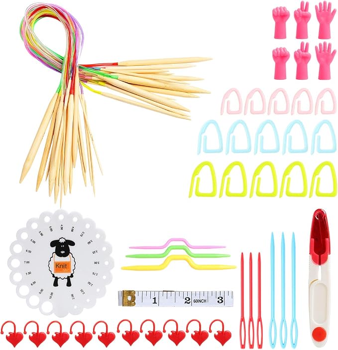 Lightweight Circular Knitting Needles Set, 31'' Bamboo Storage Organizer for Beginners, Round Knitting Needles with Sewing Tools Full DIY Craft Kits