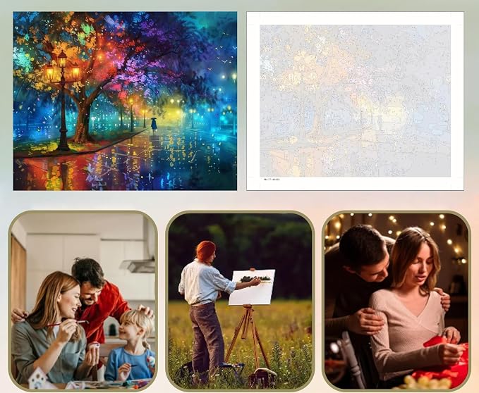 5DDIYART Evening Walk on Rainy Day Street Paint by Numbers for Adults Beginner, Paint by Number Kits on Canvas, Easy Acrylic Oil Painting Home Wall Decor 16x20inch
