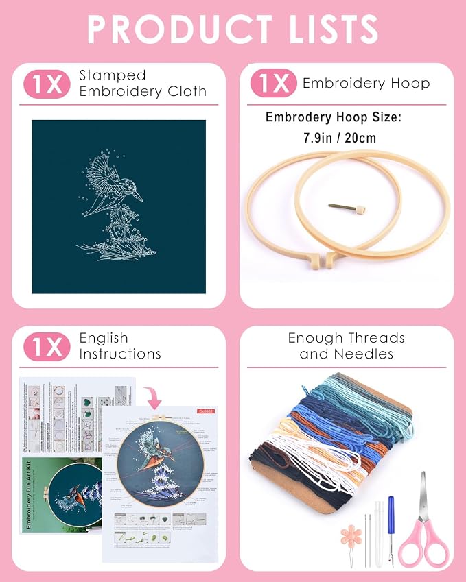 TINDTOP Embroidery Kit for Beginners Adult, Kingfisher Embroidery Kit for Beginners Include Embroidery Cloth Hoops Threads for Craft Lover Hand Stitch with Embroidery Skill Techniques | for Beginners Include Embroidery Cloth Hoops Threads for Craft Lov...