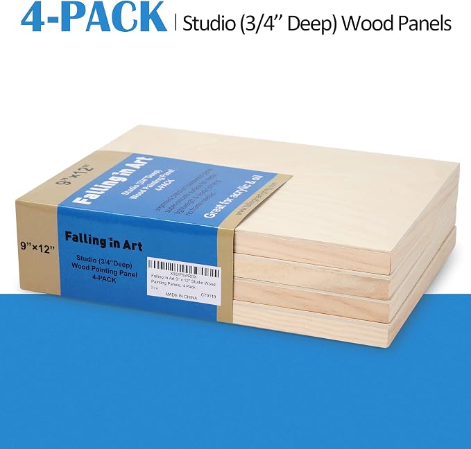 Falling in Art 4 Pack 9x12’’ Unfinished Birch Wood Panels Kit for Painting | Studio 3/4’’ Deep Wooden Canvas, Cradle Boards for Acrylic Pouring, Art, Crafts, Epoxy Resin, Laser Engraving Cutting