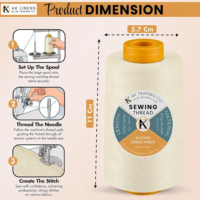 AK Trading CO. 4-Pack Ivory All Purpose Sewing Thread Cones (6000 Yards Each) of High Tensile Polyester Thread Spools for Sewing, Quilting, Serger Machines, Overlock, Merrow & Hand Embroidery
