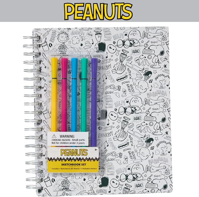 Peanuts Gang Sketchbook for Kids with Washable Markers, 86 Blank Pages Spiral Bound, Snoopy