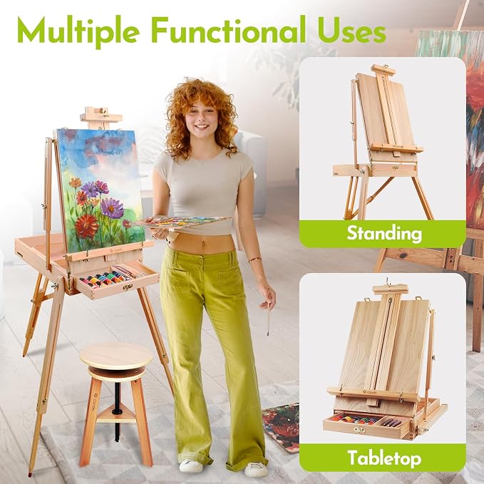 CONDA Large Wooden French Easel and Sketchbox Easel, Adjustable Tripod Easel Stand with Drawer and Palette for Artist, hobbyists, Professionals, Ideal Easel for Painting, Sketching, and Display