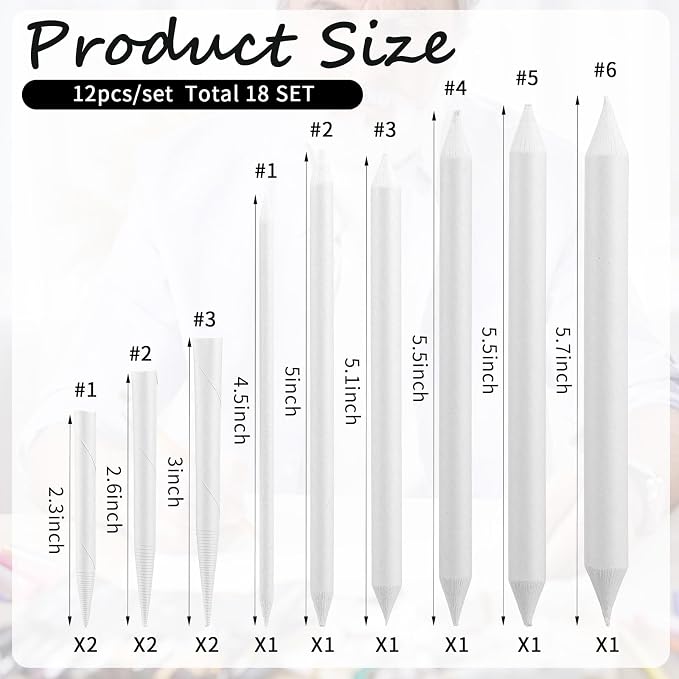 216 Pcs Blending Stumps and Tortillions Set, 9 Sizes Blending Pencils for Sketch Drawing, Shading, Pastel, Graphite, White Drawing Sketching Supplies for Artists