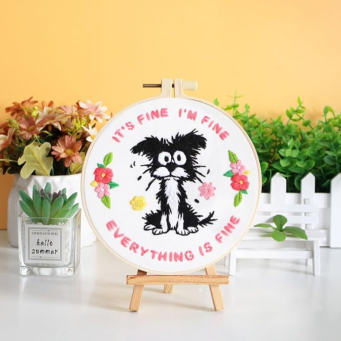 Louise Maelys Funny Dog Embroidery Kit for Beginners Floral Craft | Cross Stitch Kits with Pre-Printed Fabric, Embroidery Hoop, Threads, Needles and Guide. Needlepoint Kit for Beginners