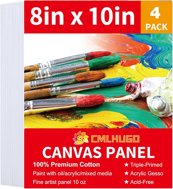 4 Pack Canvas Boards for Painting, 8 x 10 inch Blank Canvases, Gesso Primed Acid-Free 100% Cotton Canvas Panels for Acrylic Oil Watercolor