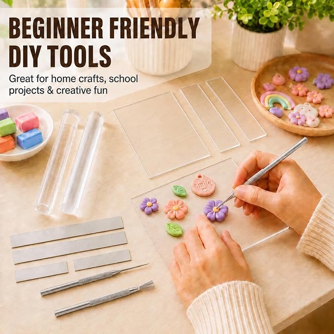 12 Pcs Polymer Clay Tools Kit, Acrylic Roller Rolling Pin Cutters | Air Dry Clay Sculpting Supplies Set, Small Clear Craft Roller, Tissue Blades Knife Slicer, Sheet Press Board, Texture Needle