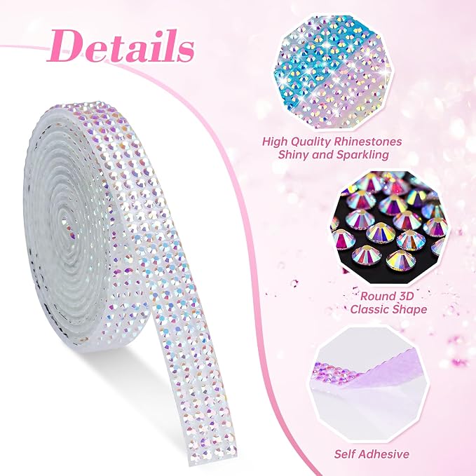 NiArt 12 Rolls Self Adhesive Rhinestone Ribbon 12 Yards DIY Bright Colors