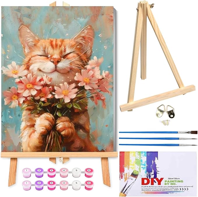 Cat Paint by Numbers Kit for Adults with Framed Canvas&Wooden Easel, DIY Acrylic Paint by Numbers Kits on Canvas, Cat with Flower Drawing Paintwork Arts and Crafts for Home Wall Decor 12x16inch