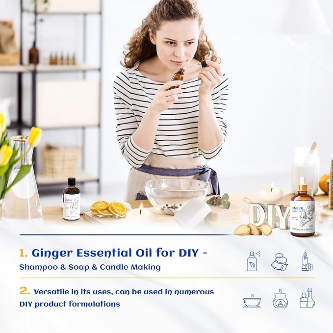 HIQILI Ginger Essential Oil 3.38 Fl Oz, for Massage, Diffuser, Large Bottle with Dropper & Gift Box -100ml