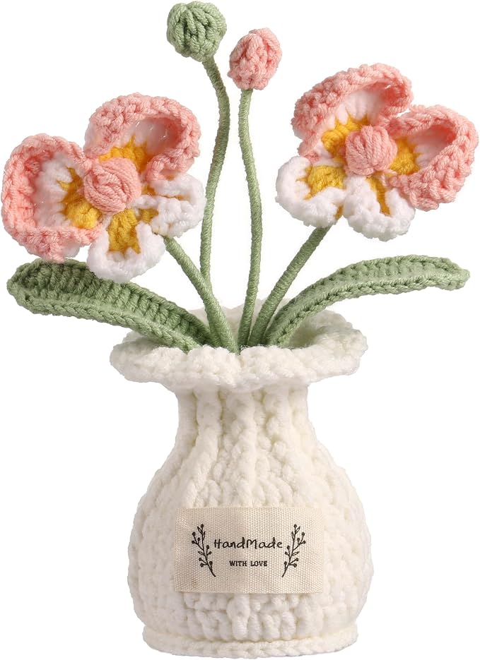 Orchid Crochet Flower Pot Blush Pink Handmade Knitted Phalaenopsis Desk Decor for Home Office