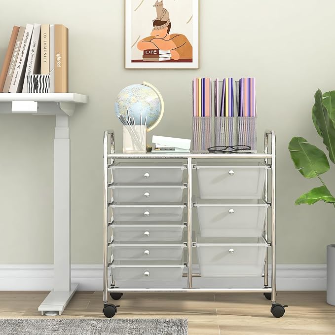 Giantex 9 Drawers Rolling Cart, Classroom Organizers, Storage Cart with Wheels, for Teacher Office Home School Supplies Tool Craft Art Paper, Clear