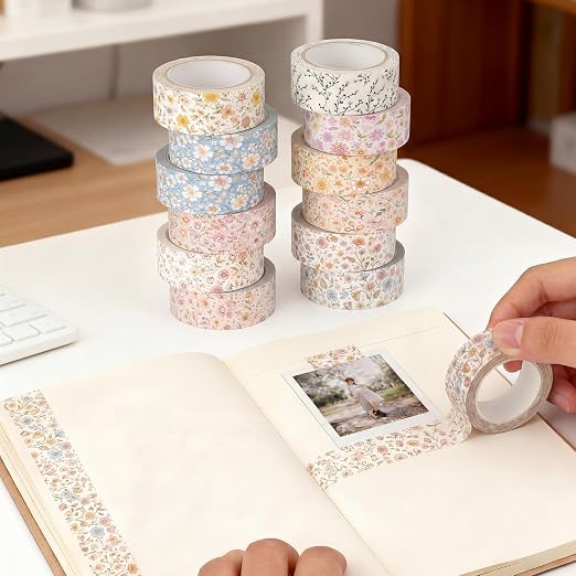 12 Rolls Floral Washi Tape Set,Vintage,Little Flowers | Watercolor Flowers Design for Scrapbook Journal DIY Craft School Supplies, 15 mm Vintage Decorative Masking Washi Tapes