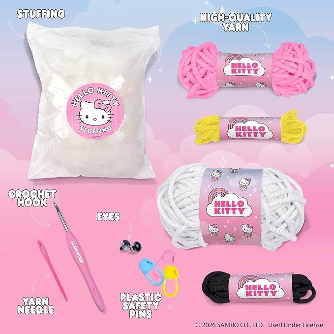 Hello Kitty® and Friends Crochet Kit – Hello Kitty® Bag Charm, Sanrio Crochet Kit for Beginners with Yarn, Starter Hooks, Step-by-Step Tutorials, DIY Craft, Great Teen Gifts