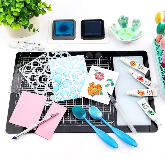 2PcsMagnetic Glass Craft Mat and Non-Stick Craft Mat Set Heat Resistant Glass Media Cutting Mat W/Magnets Gridlines and Measurements; for Stamping, Ink Blending, Stenciling Scrapbooking Craft Project