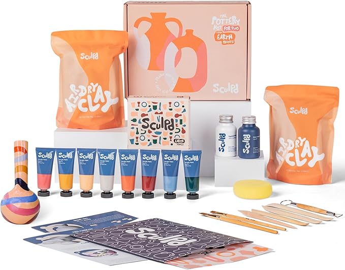 Sculpd Pottery Kit for Adults, Air Dry Clay with Tools, Earth Tones | The original couples date night arts & crafts set with paints, brushes and tools for adults