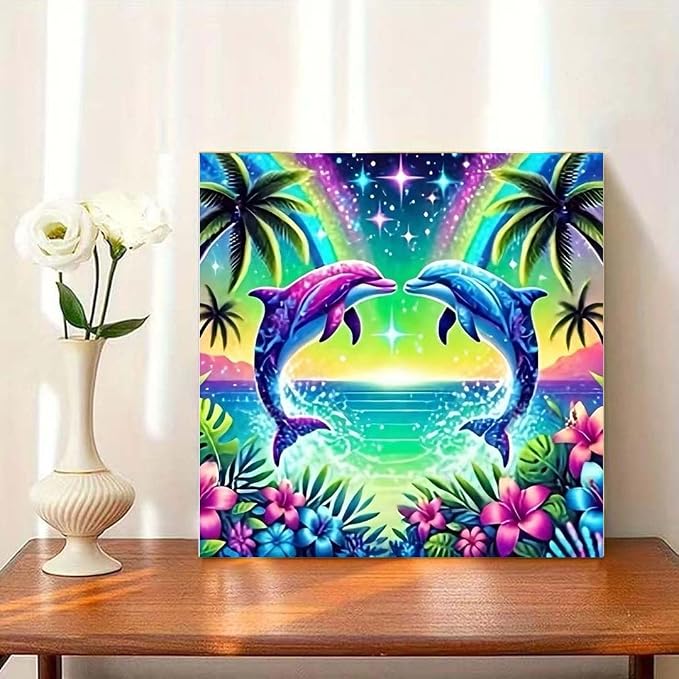 OJTOYART Dolphins Diamond Painting Kits for Adults,Cute Tropical Animals 5D Diamond Painting Kits for Beginners,DIY Round Full Drill Diamond Gem Art Crafts Paintings,Home Wall Decor 13.79X13.79Inch
